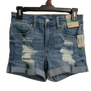 Aeropostale Women 4 High Rise Midi Denim Shorts Distressed Look Premium Stretchy